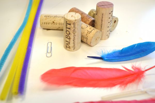 pipe cleaners, paper clip, cork, feathers