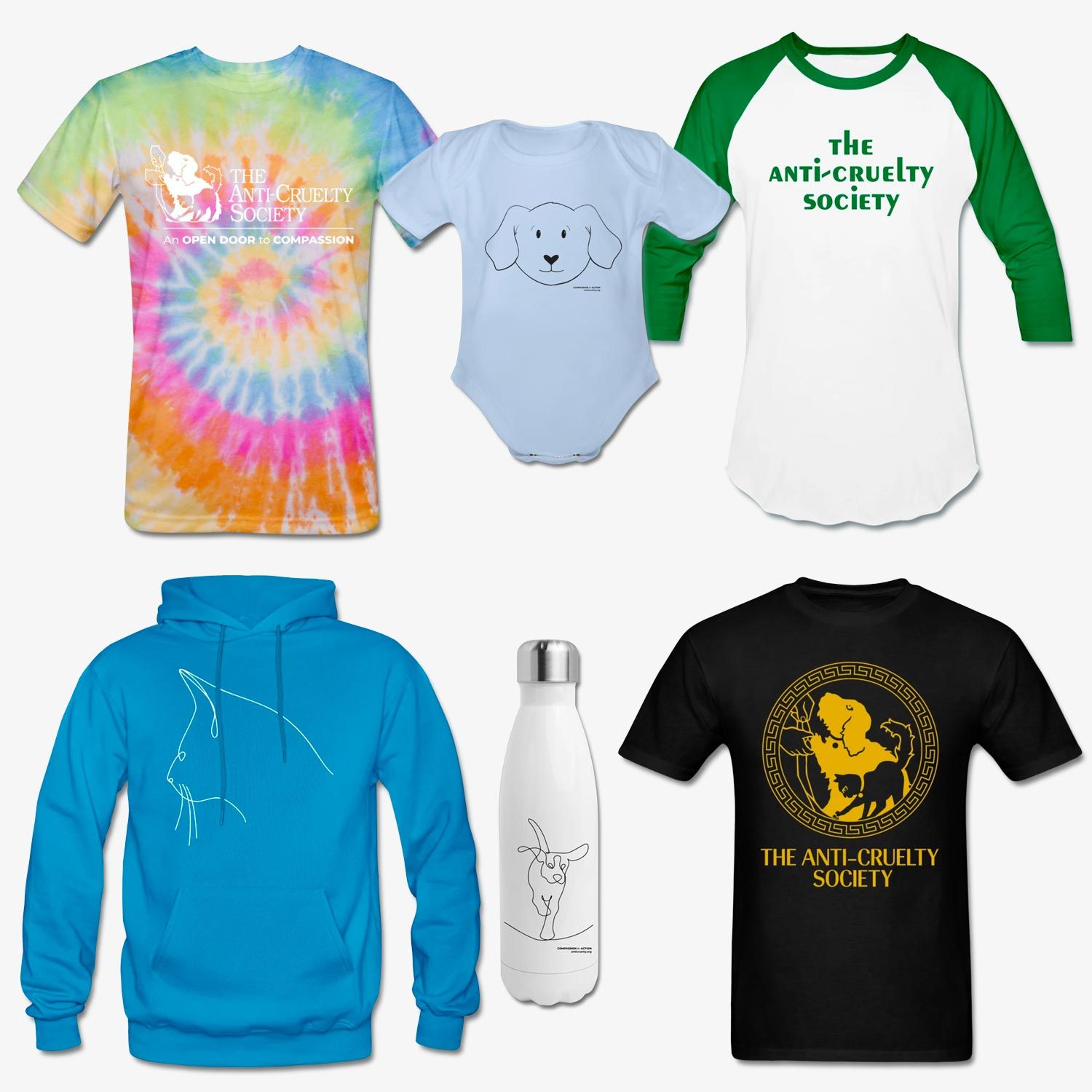 six items from store tshirts and bottle