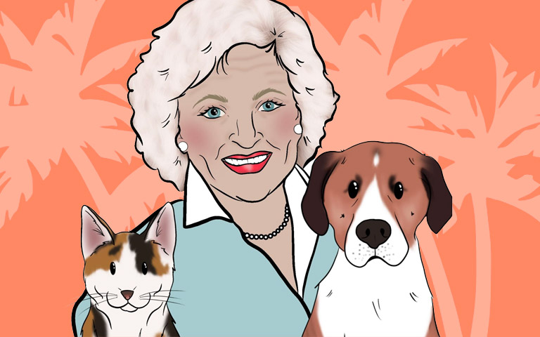 An illustration of Betty White with a cat and a dog