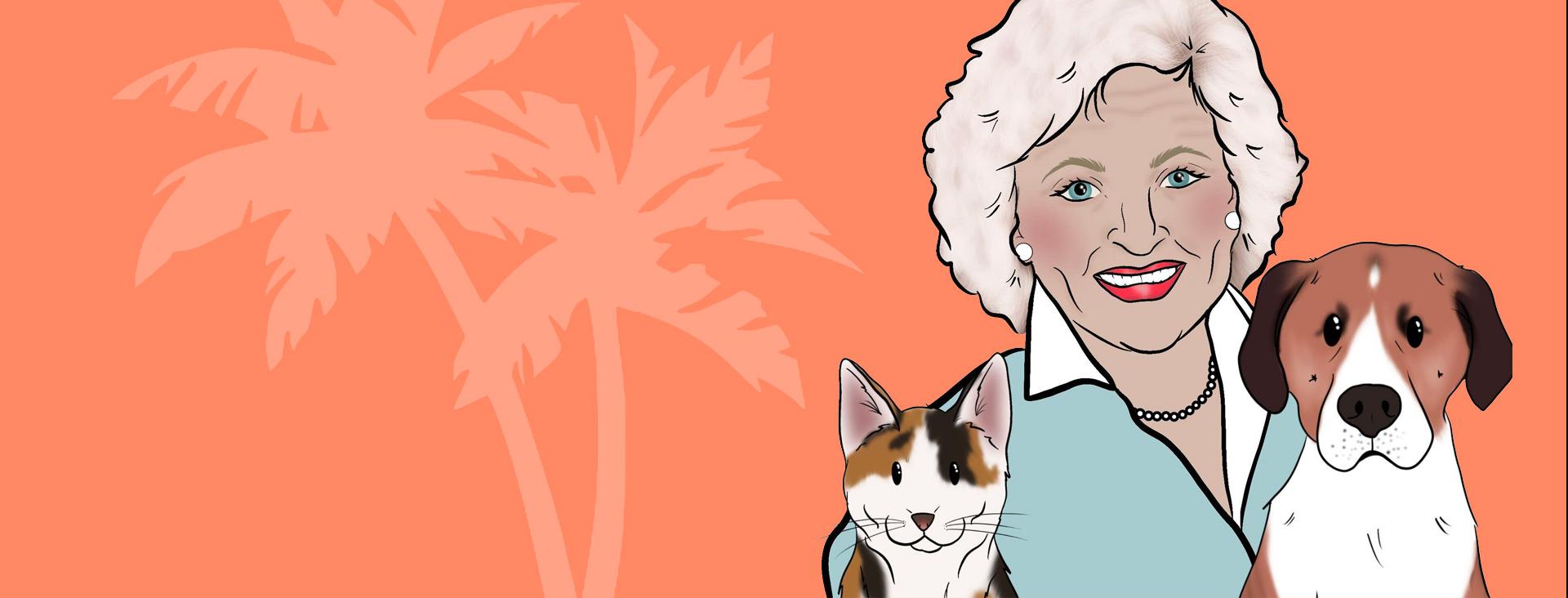 An illustration of Betty White with a dog and a cat