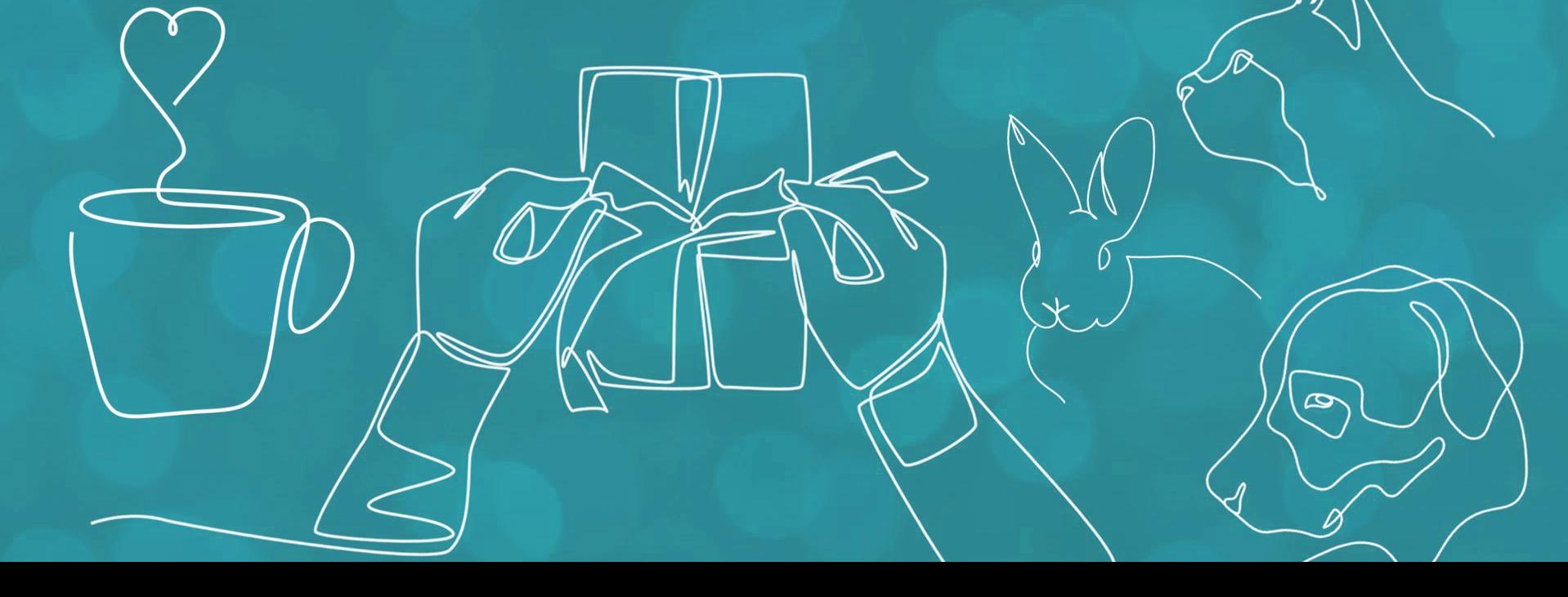 Line art of a warm beverage, dog, cat, rabbit and hands wrapping a gift on green